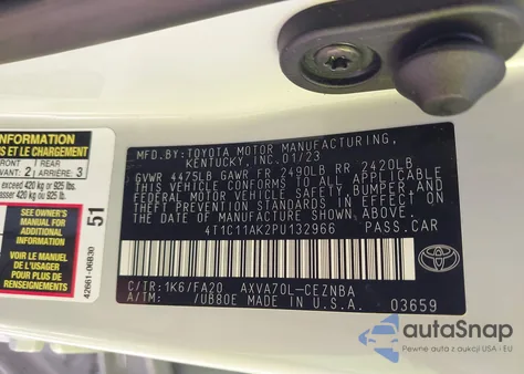 2023 Toyota Camry Le z USA, uszkodzony, nr VIN 4T1C11AK2PU132966